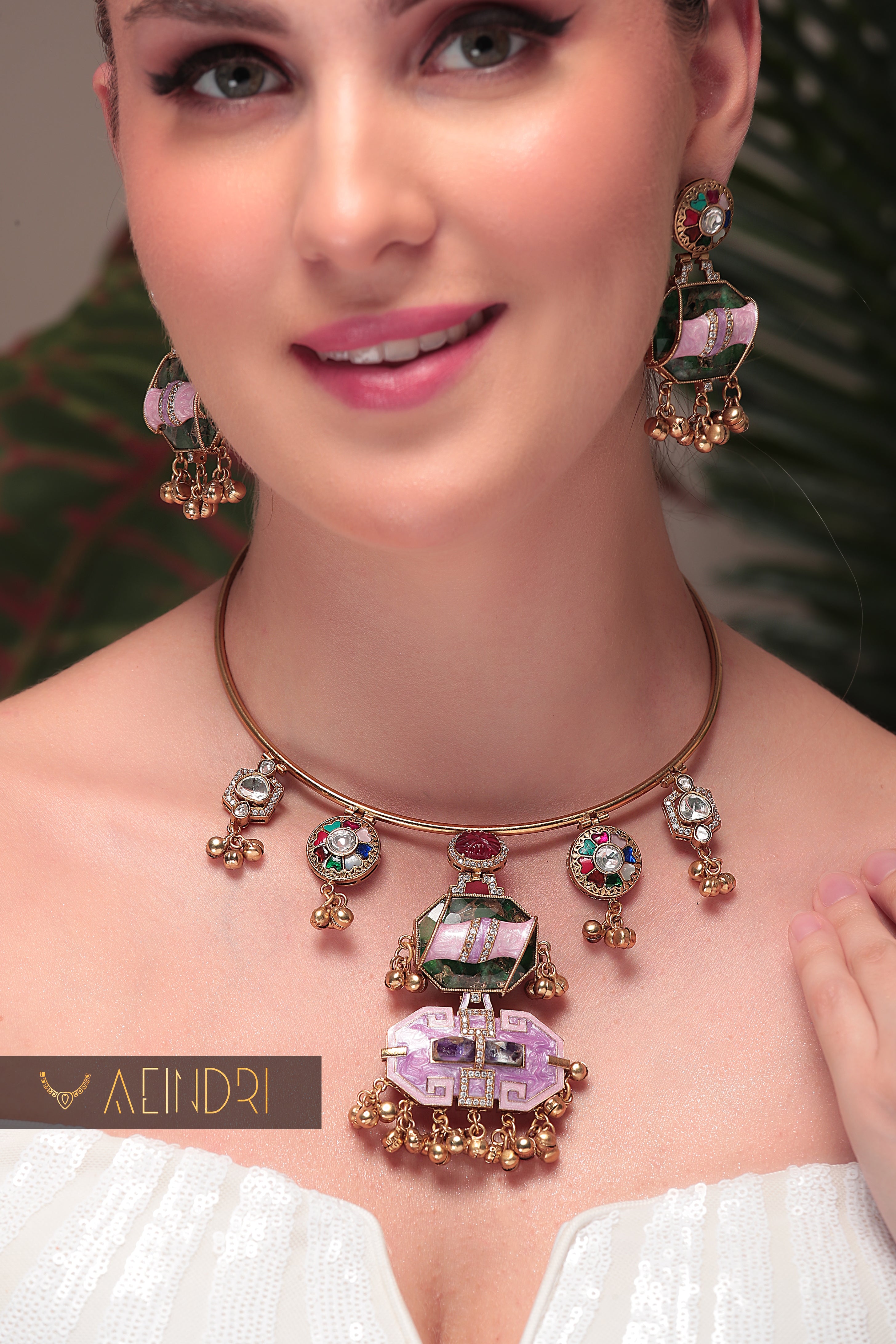 Aeindri Multicolor Enamel & Stonework Statement Choker Necklace Set